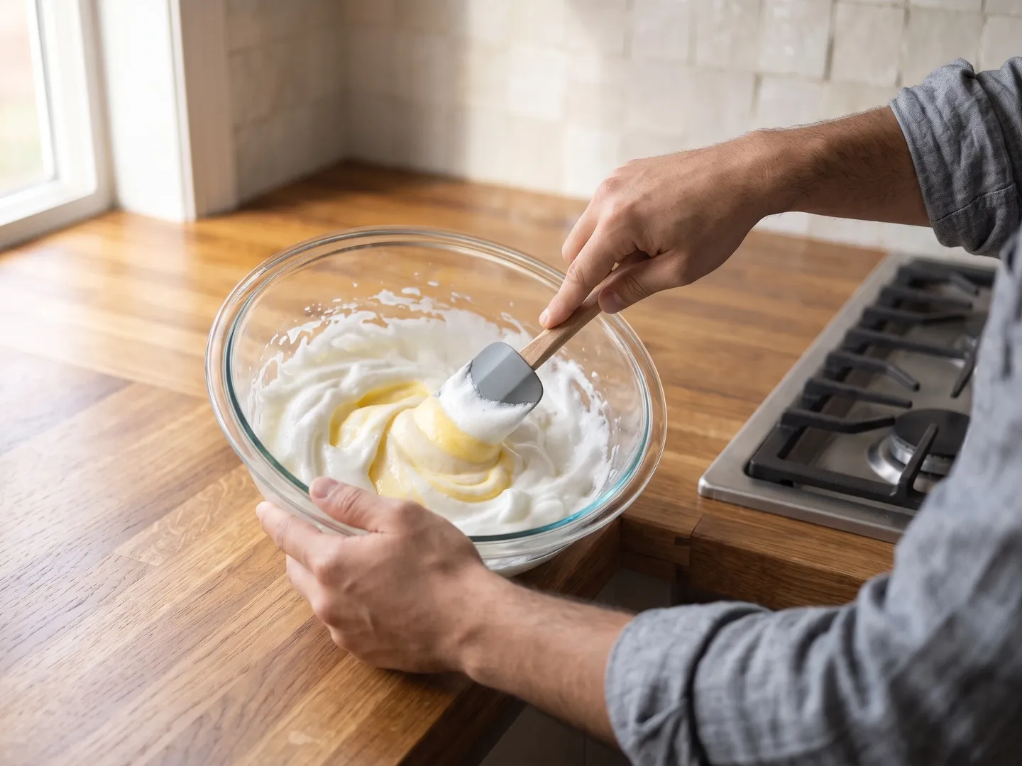 Folding yolk mixture into stiff egg whites