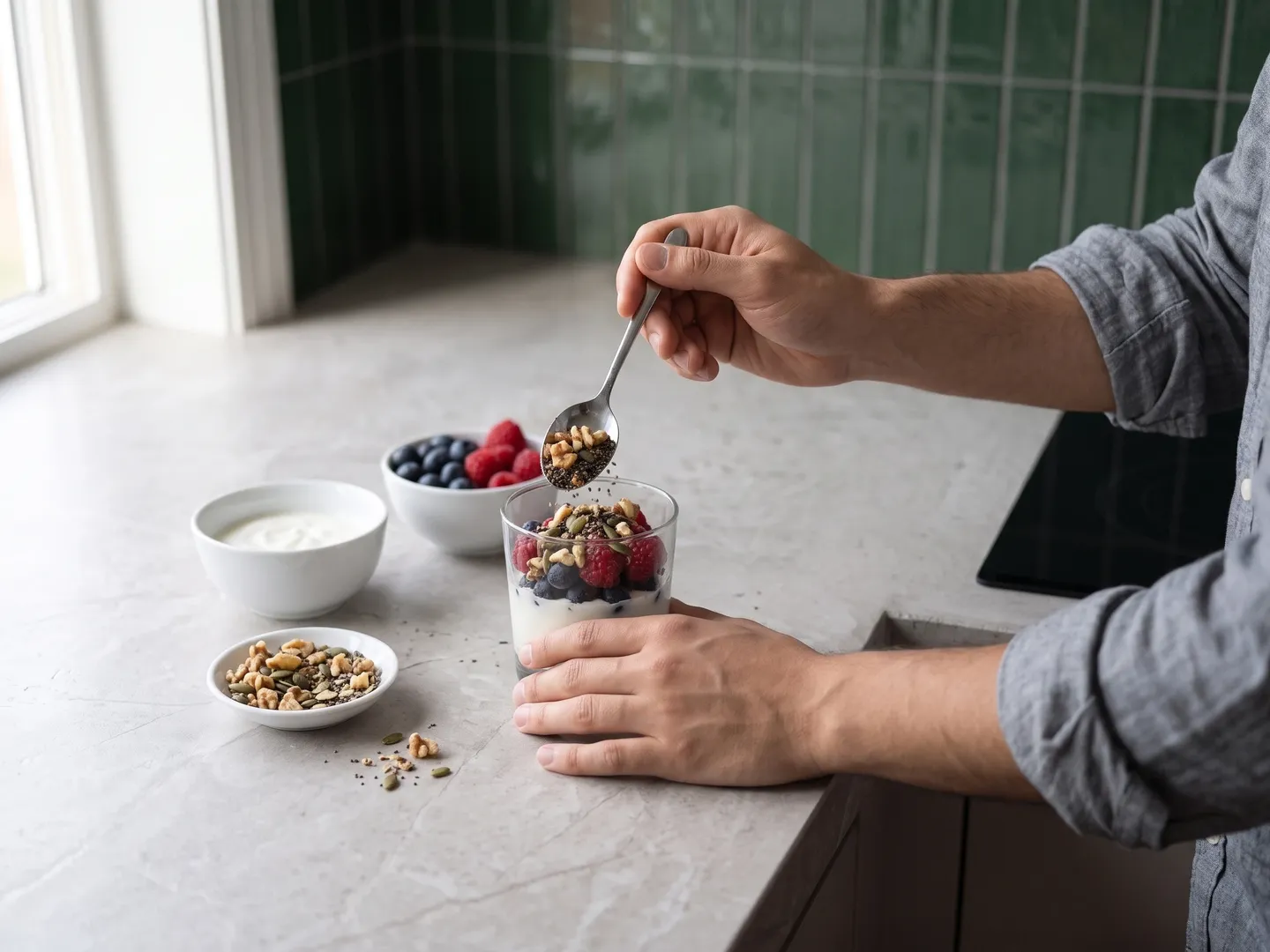 Layering a Greek yogurt parfait