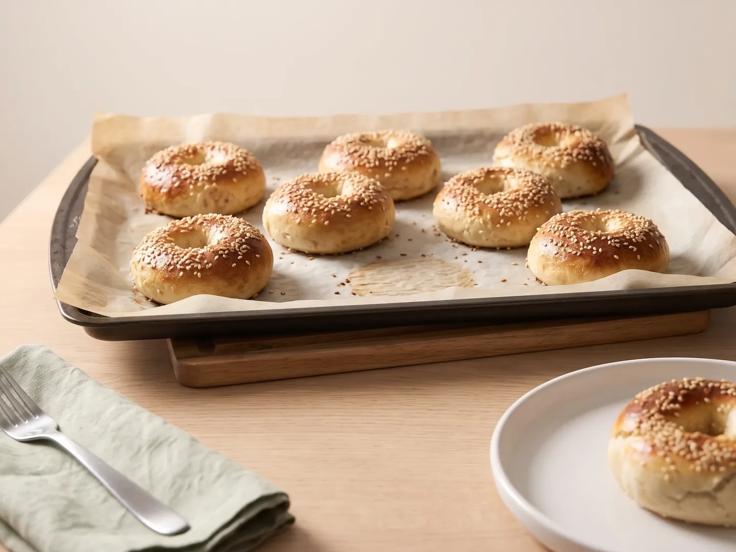 Greek yogurt protein bagels on their sheet pan with one served beside it