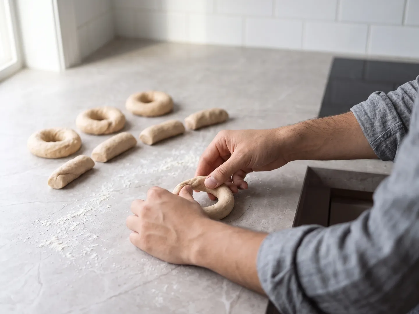 Shaping dough ropes into bagels
