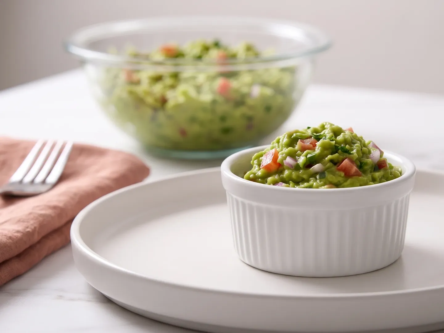 Close-up of chunky guacamole in a ramekin