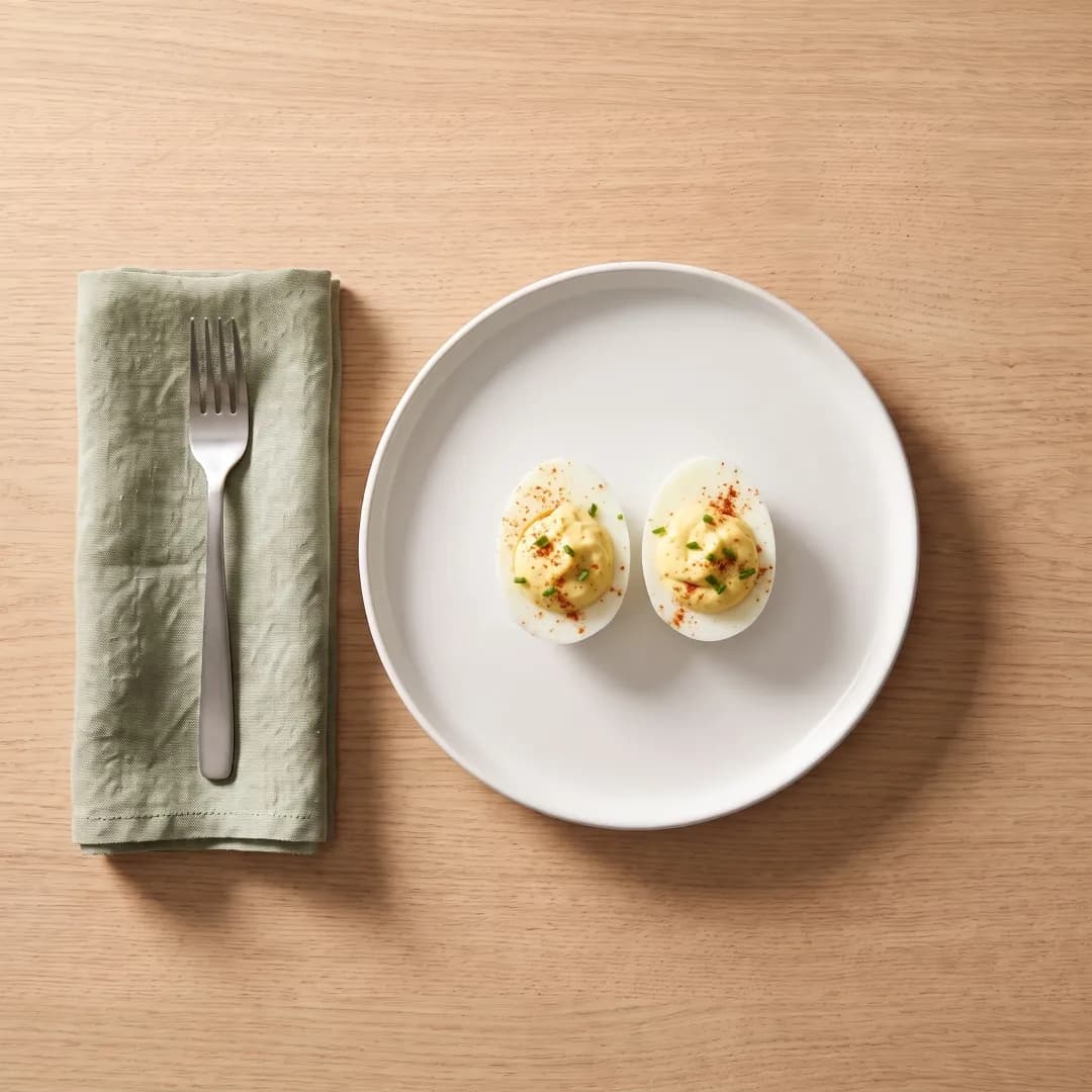 Two healthier deviled eggs with paprika and chives