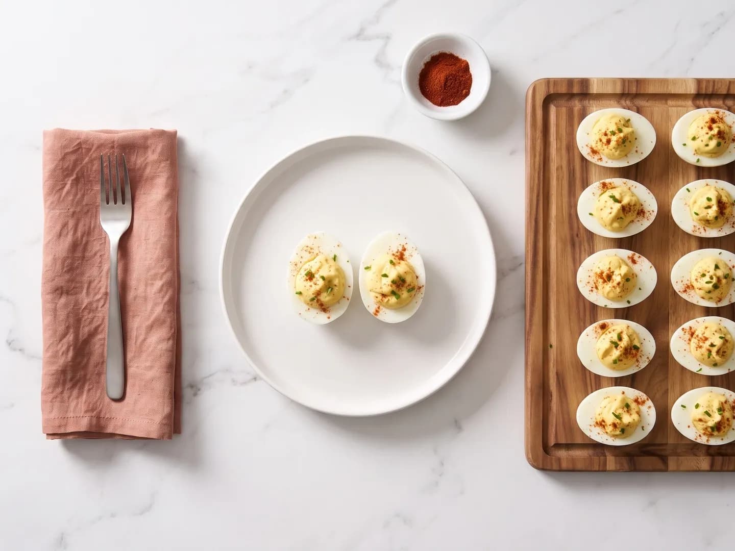 Deviled eggs on a plate beside a board of more deviled eggs, seen from above