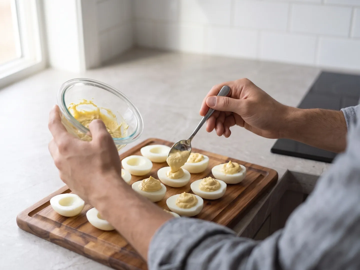Spooning filling into deviled eggs
