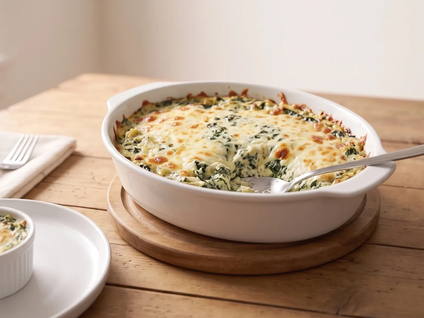 Baked spinach artichoke dip in its dish with a ramekin served beside it