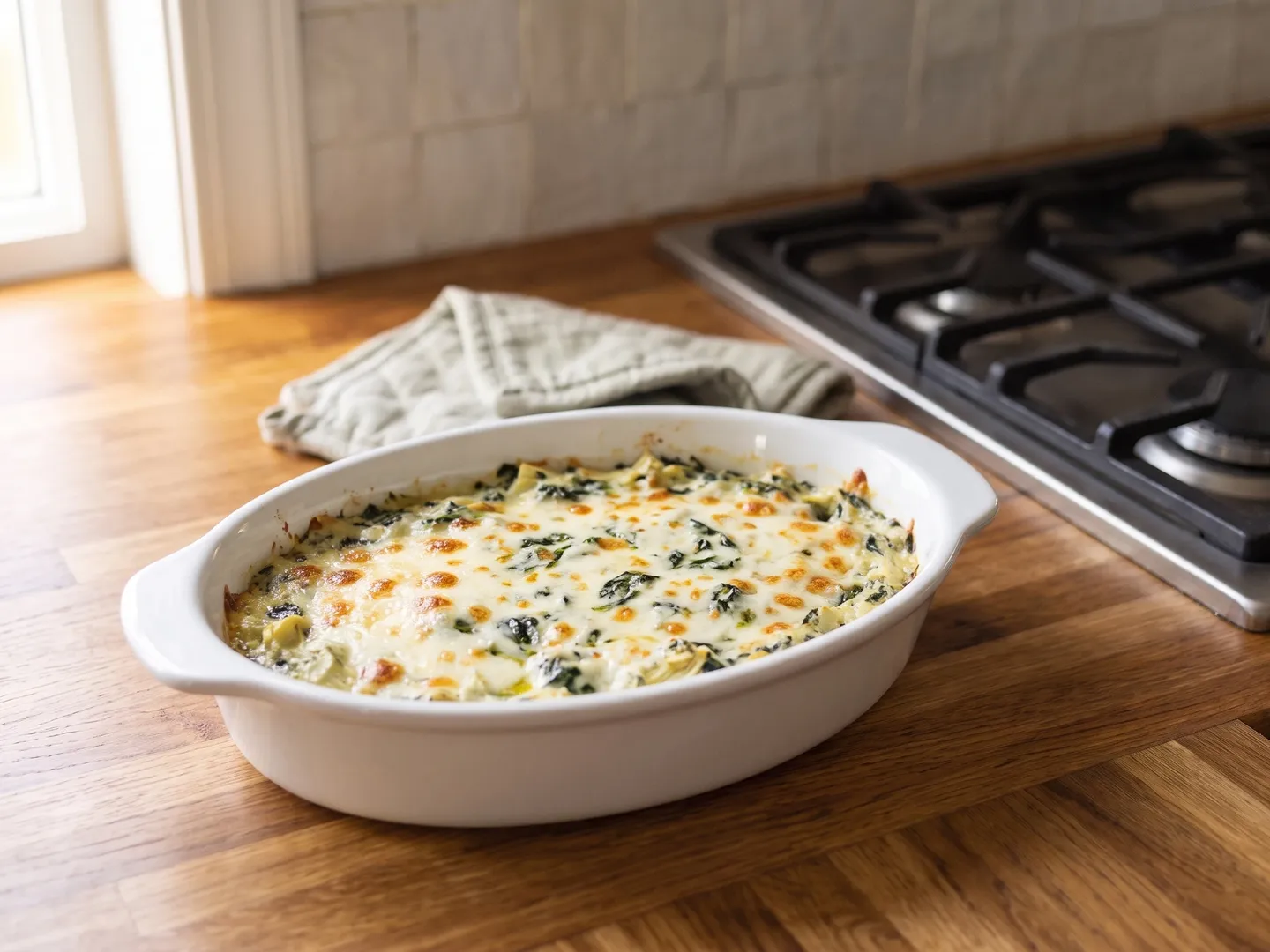Spinach artichoke dip bubbling out of the oven