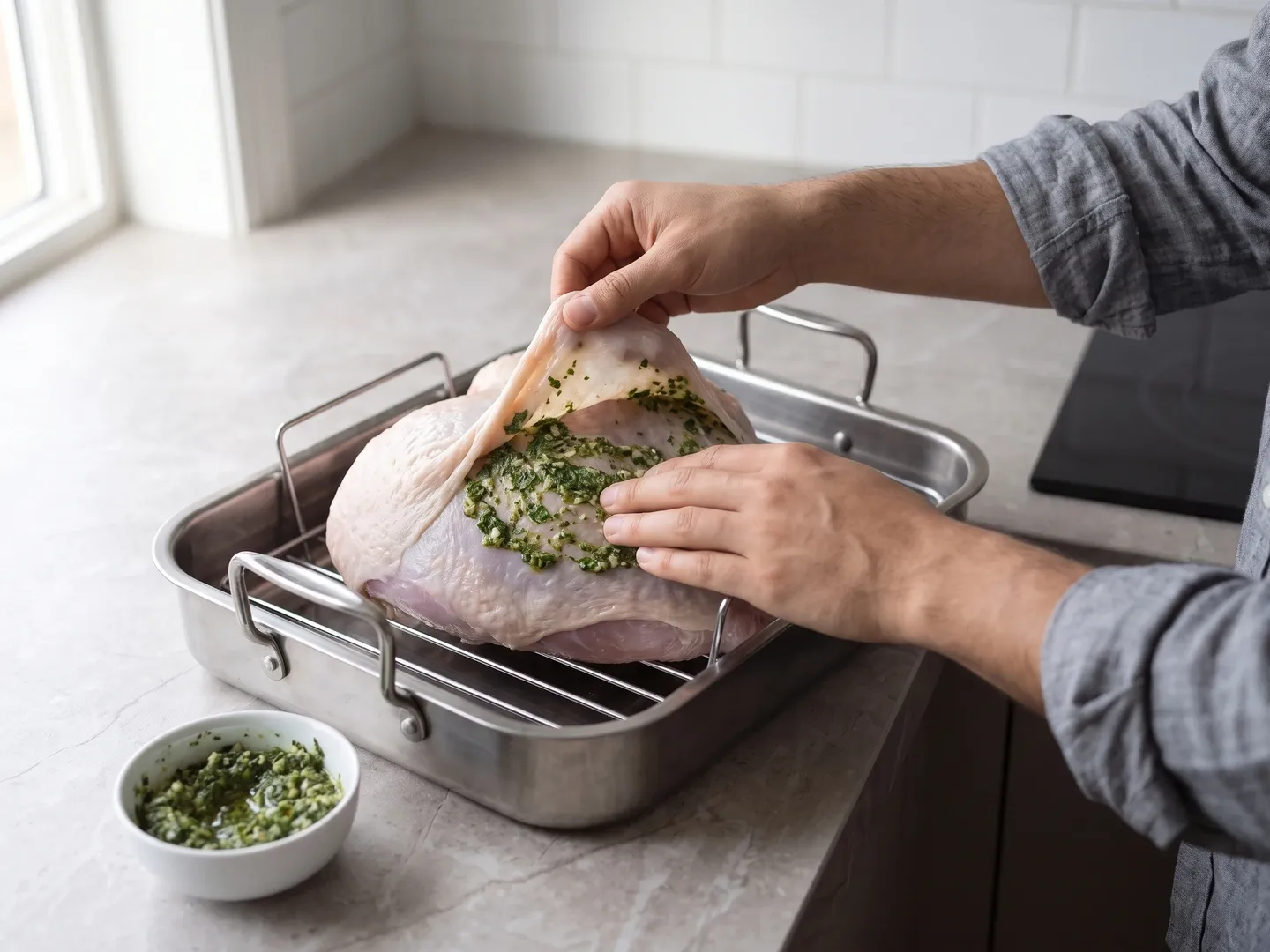 Rubbing herb paste under the turkey skin