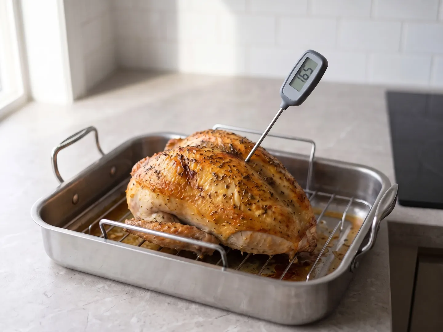 Thermometer reading 165°F in roasted turkey breast