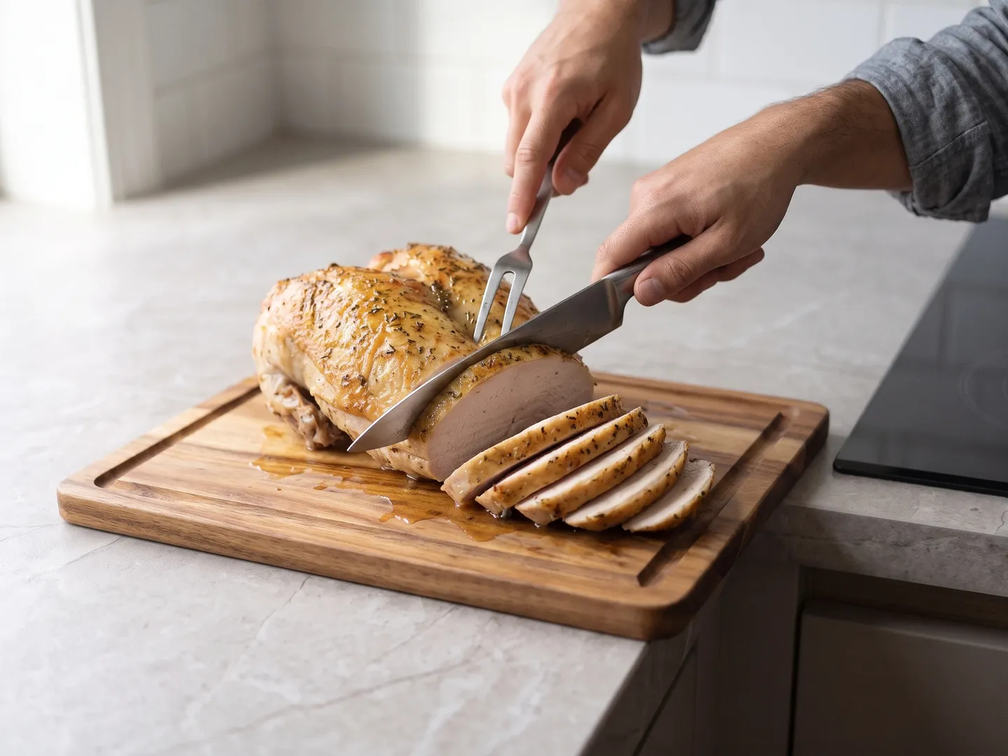 Slicing roasted turkey breast across the grain