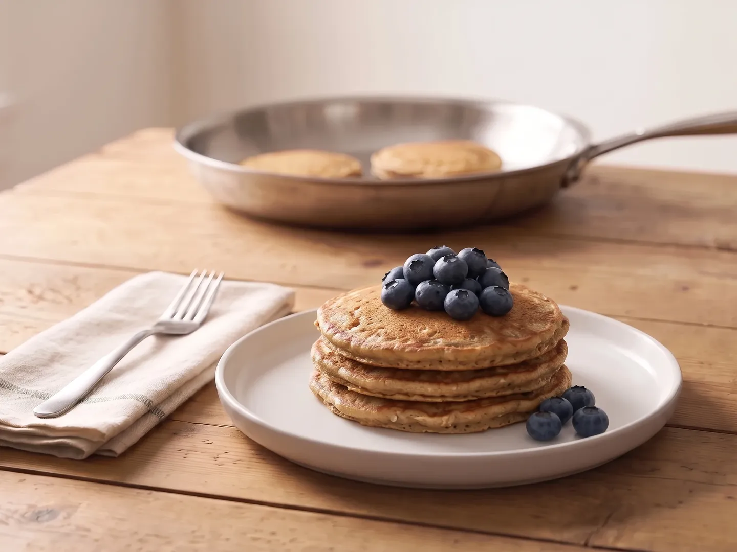 Stack of high-protein pancakes with blueberries, seen at table level