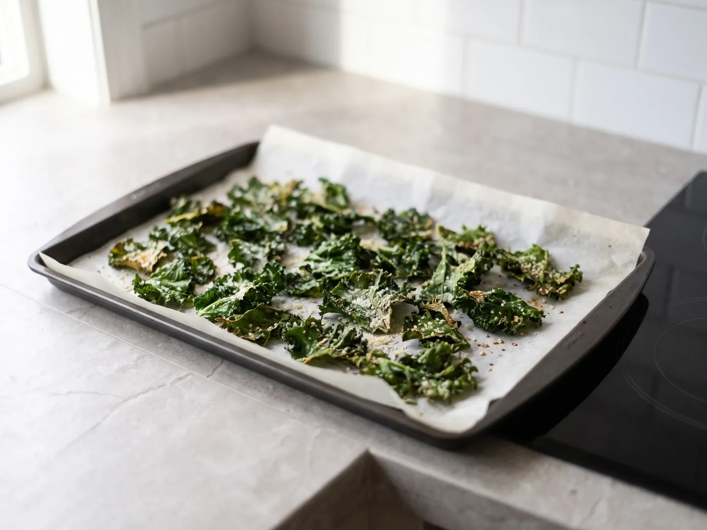 Baked kale chips on a sheet pan