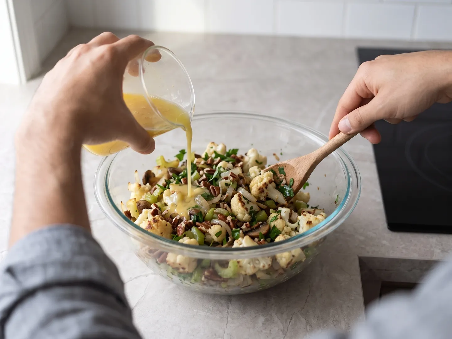 Mixing the cauliflower stuffing