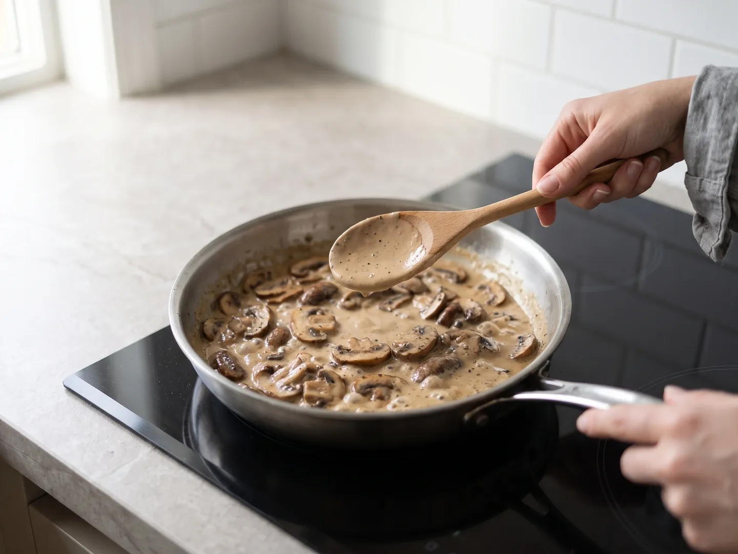Homemade mushroom sauce thickening in a skillet