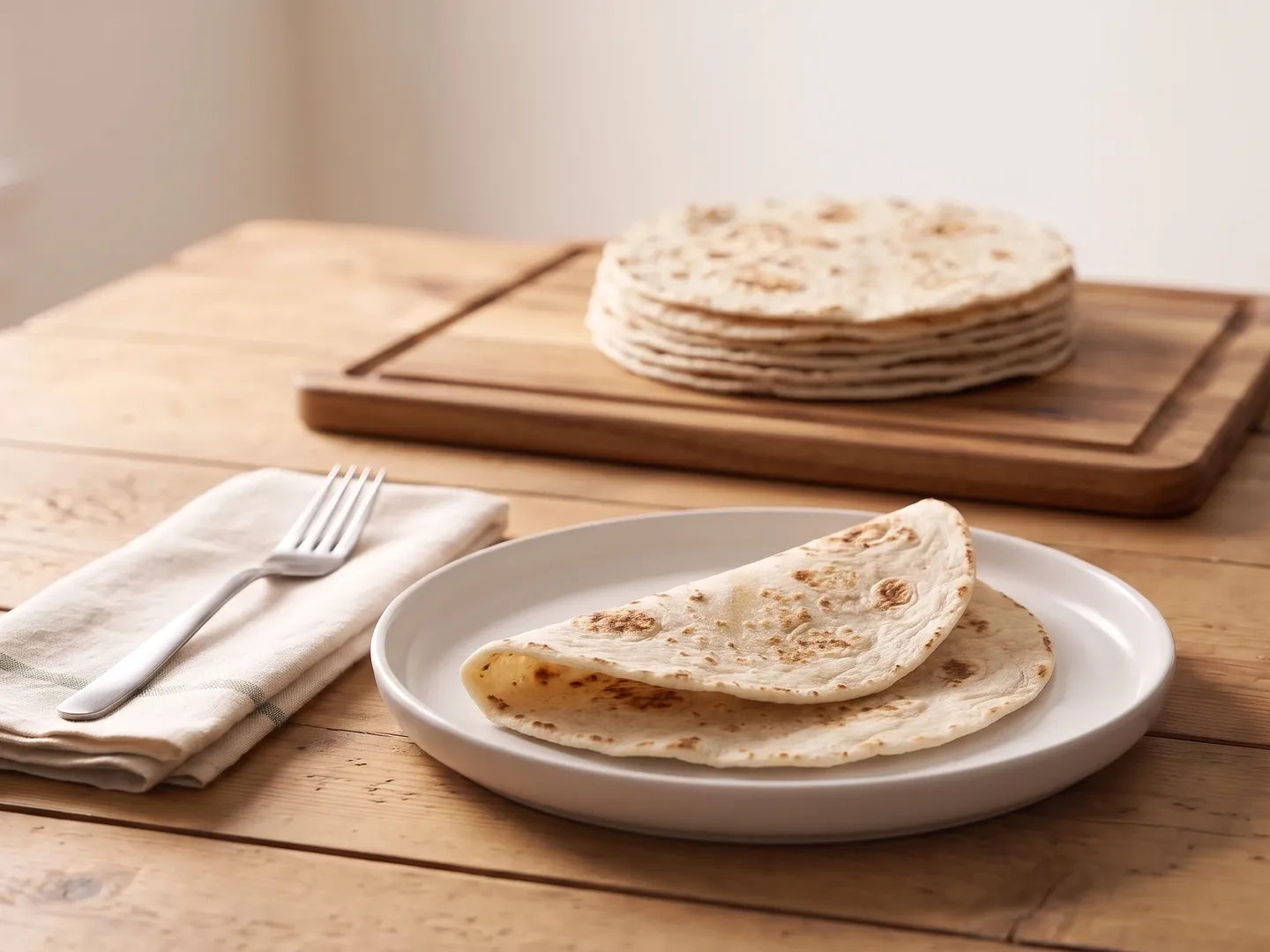 Folded low-carb tortilla with a stack of tortillas behind