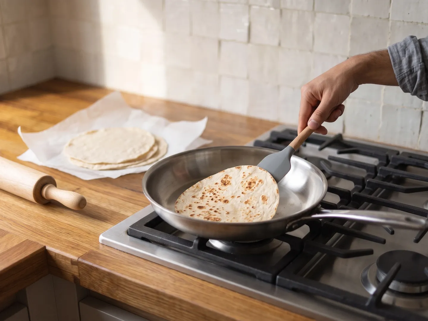 Cooking a low-carb tortilla in a skillet