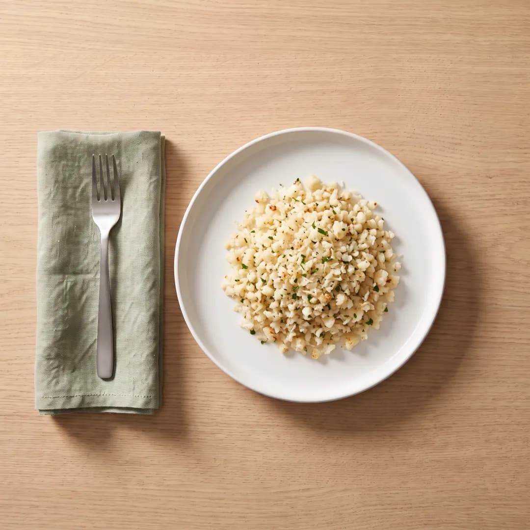 Parmesan garlic cauliflower rice on a white plate