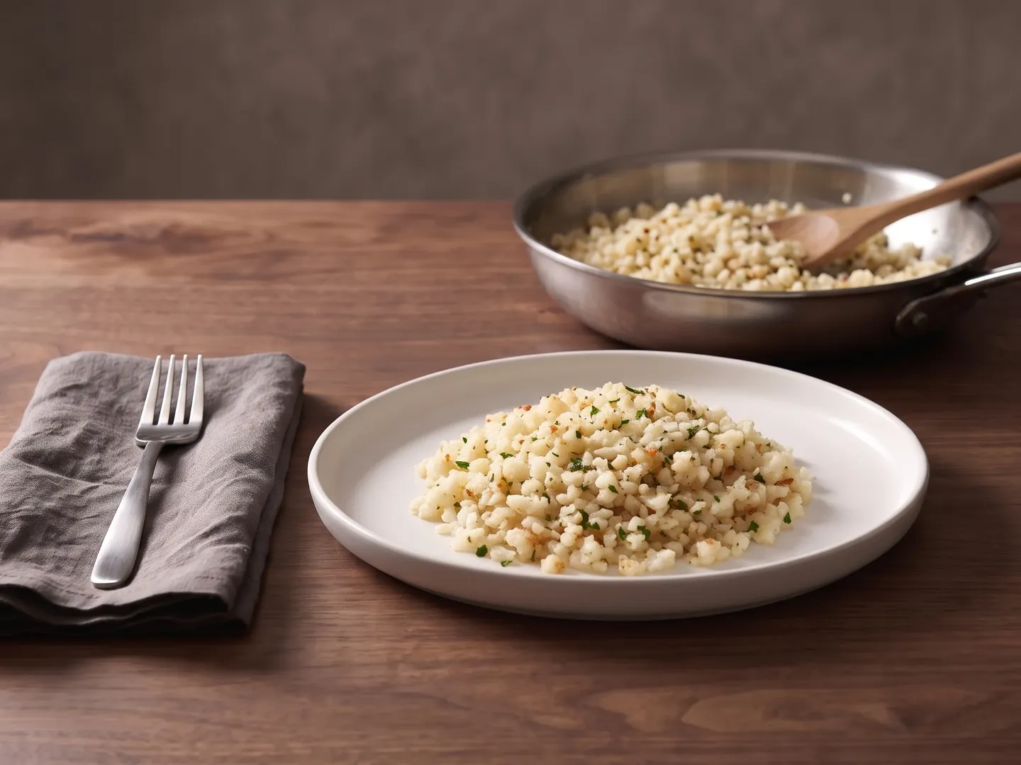 Cauliflower rice on a plate with the skillet behind