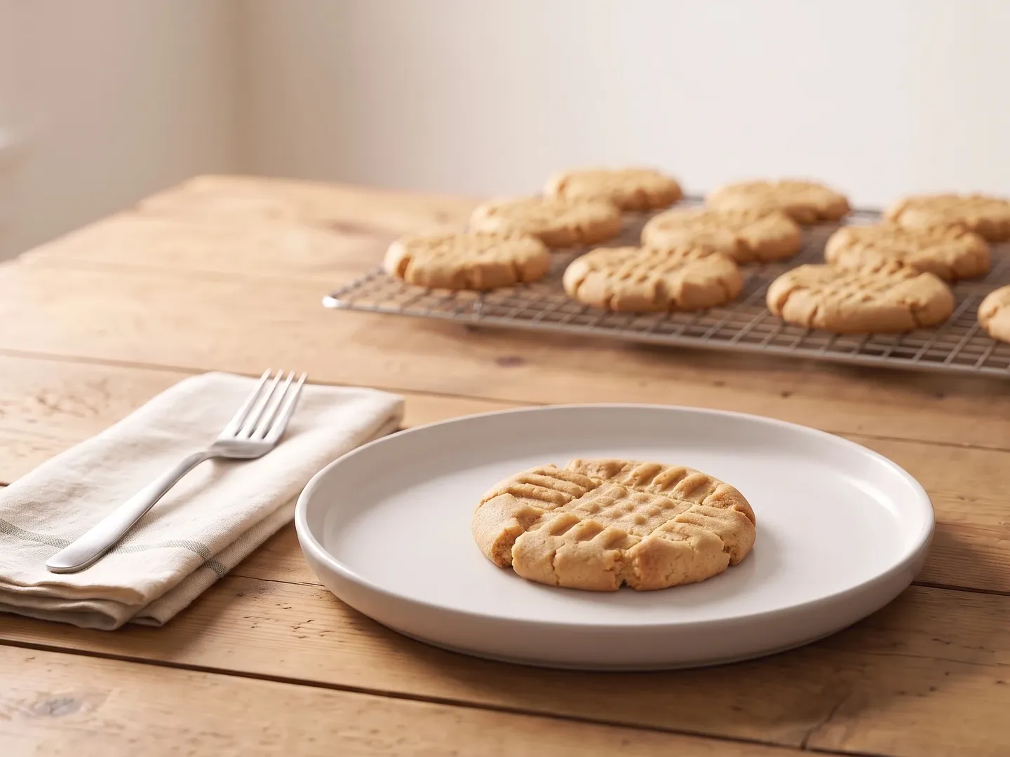 Peanut butter protein cookie seen at table level, with more on a cooling rack behind