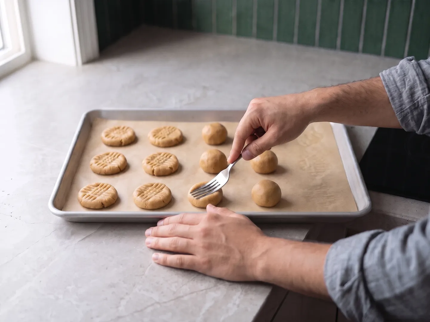 Pressing crisscross marks into protein cookie dough