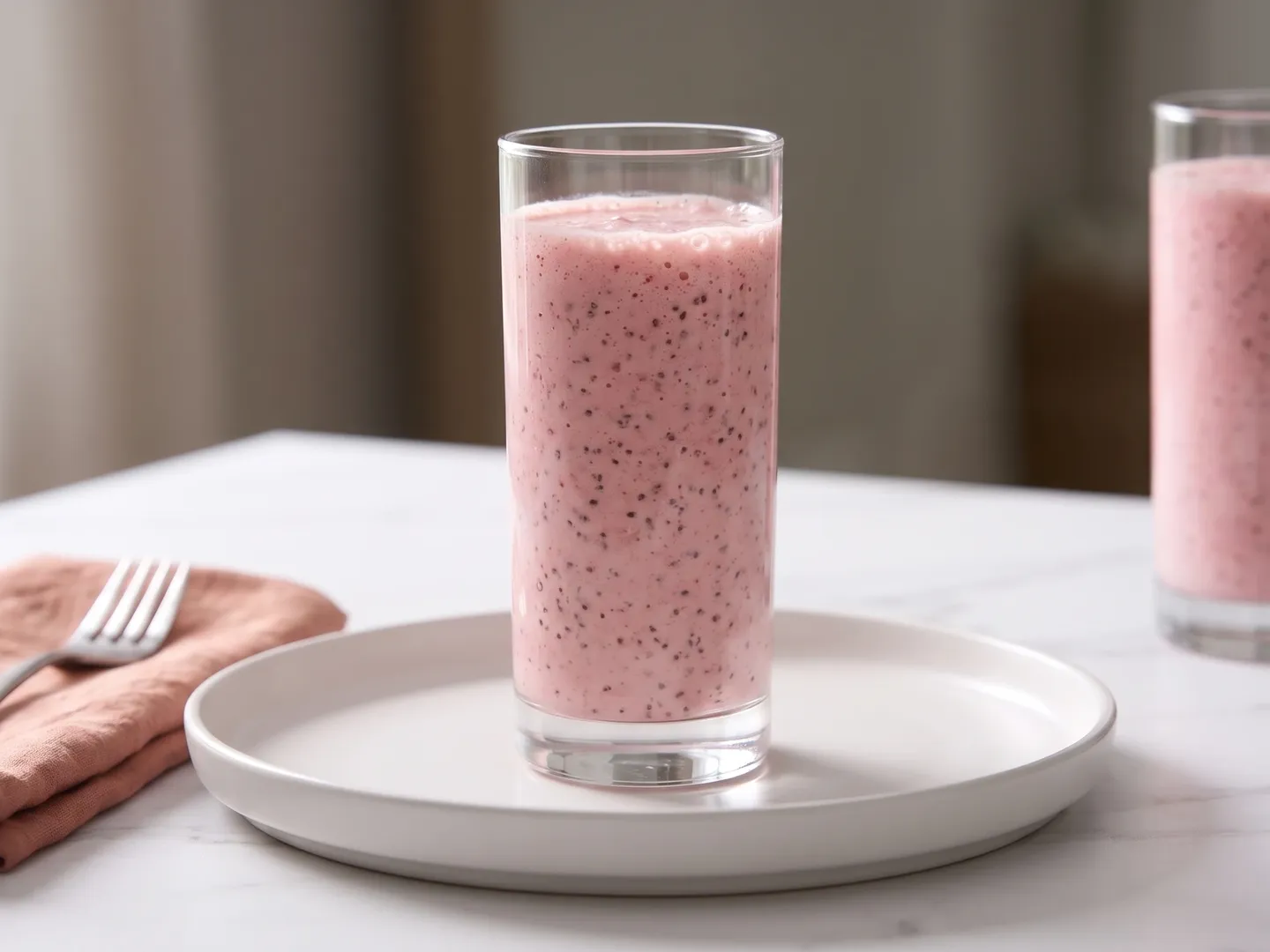 Strawberry protein smoothie in a tall glass seen at table level