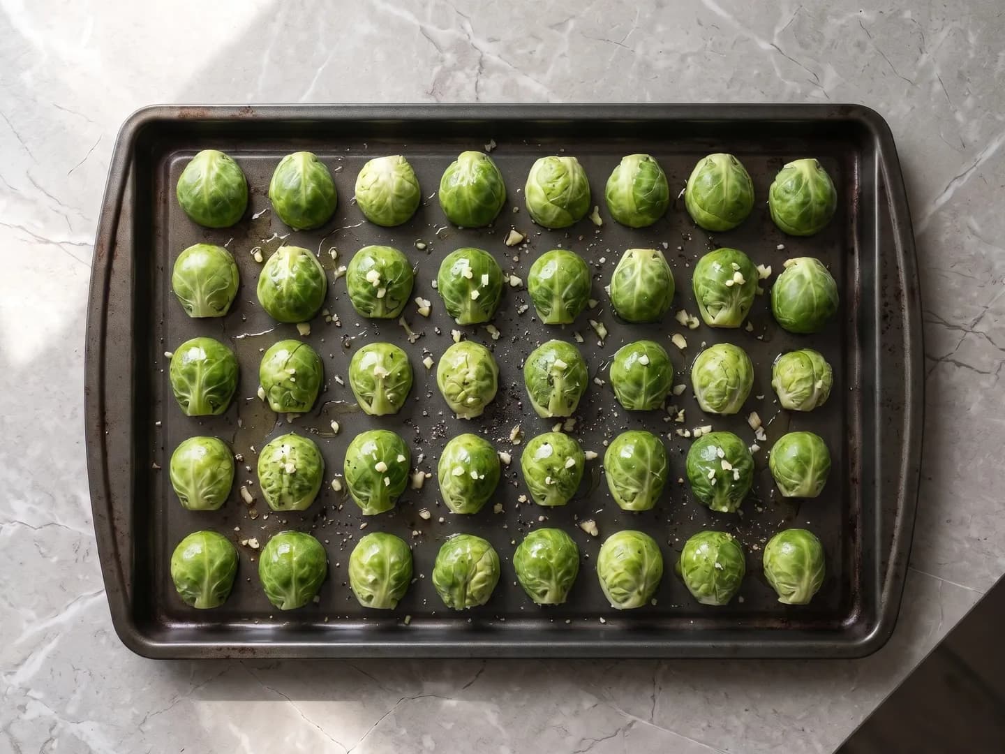 Brussels sprouts cut side down on a pan
