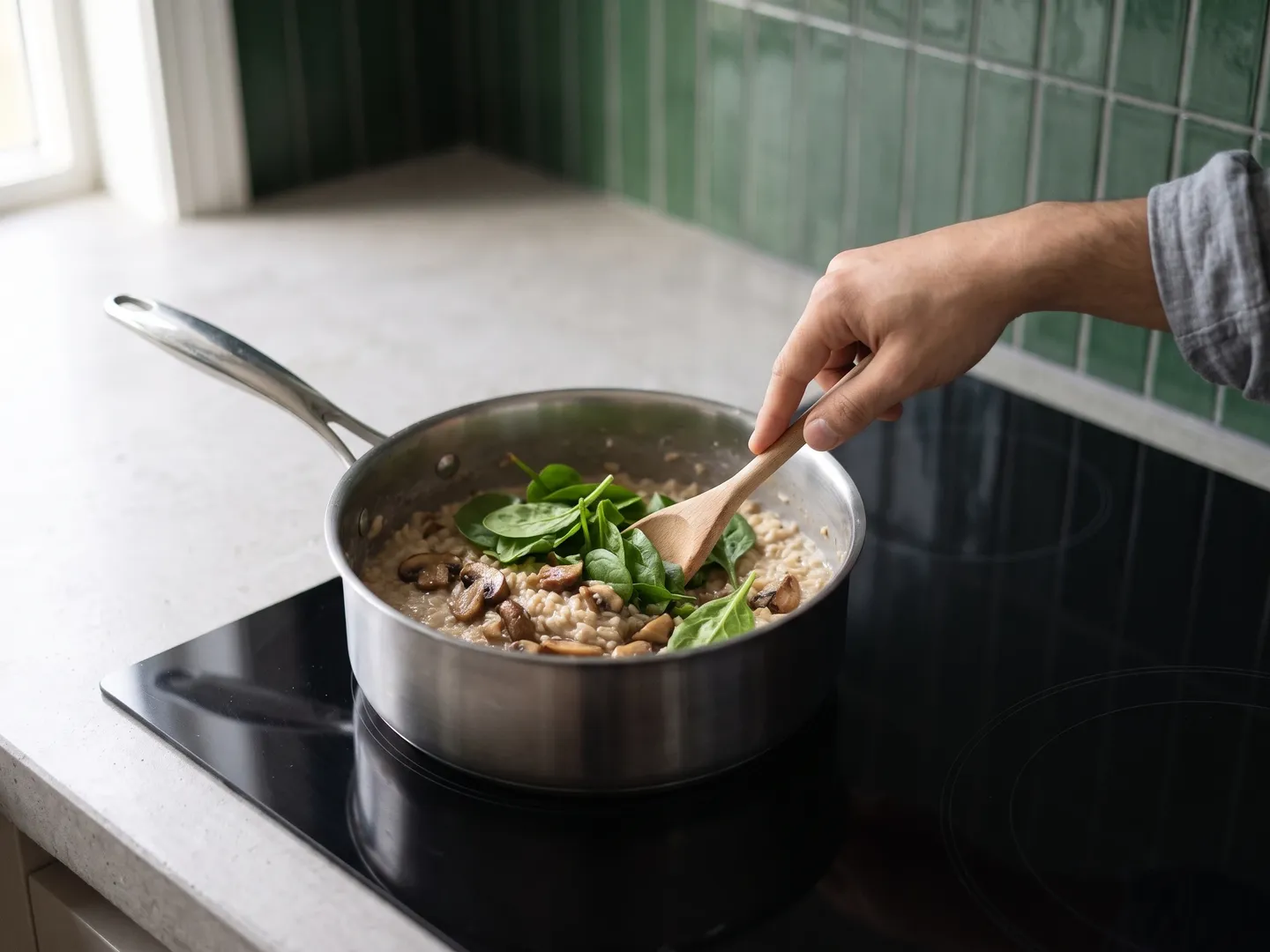 Stirring spinach into savory oatmeal