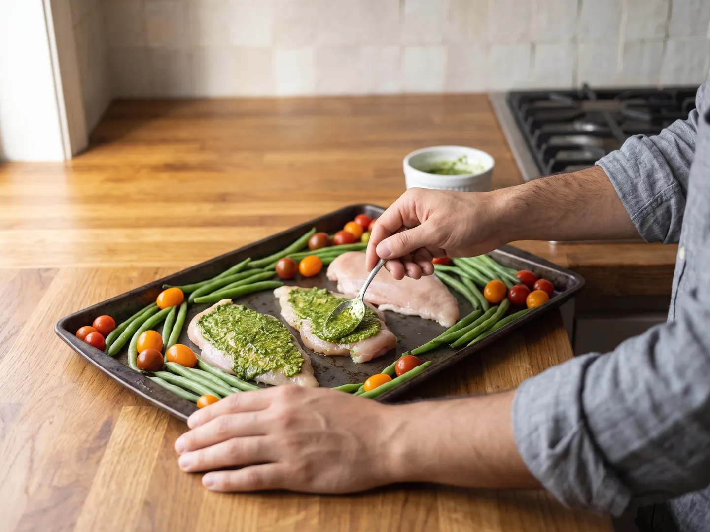 Spreading pesto over chicken on a sheet pan