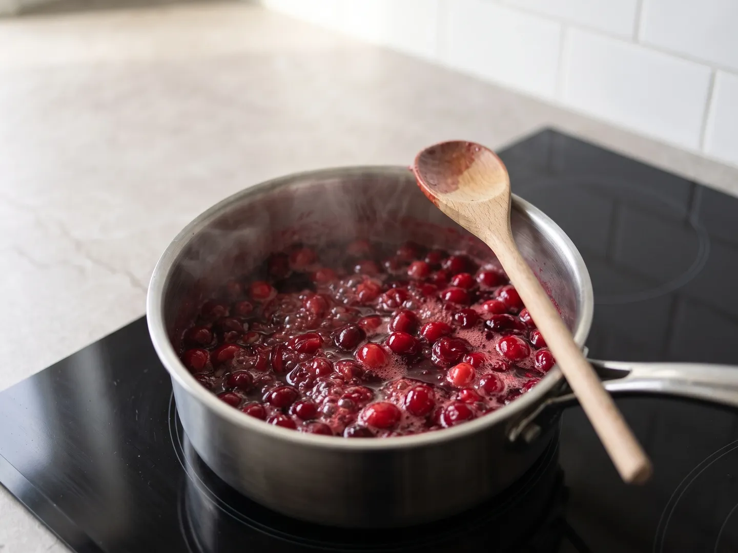 Cranberries bursting in a saucepan