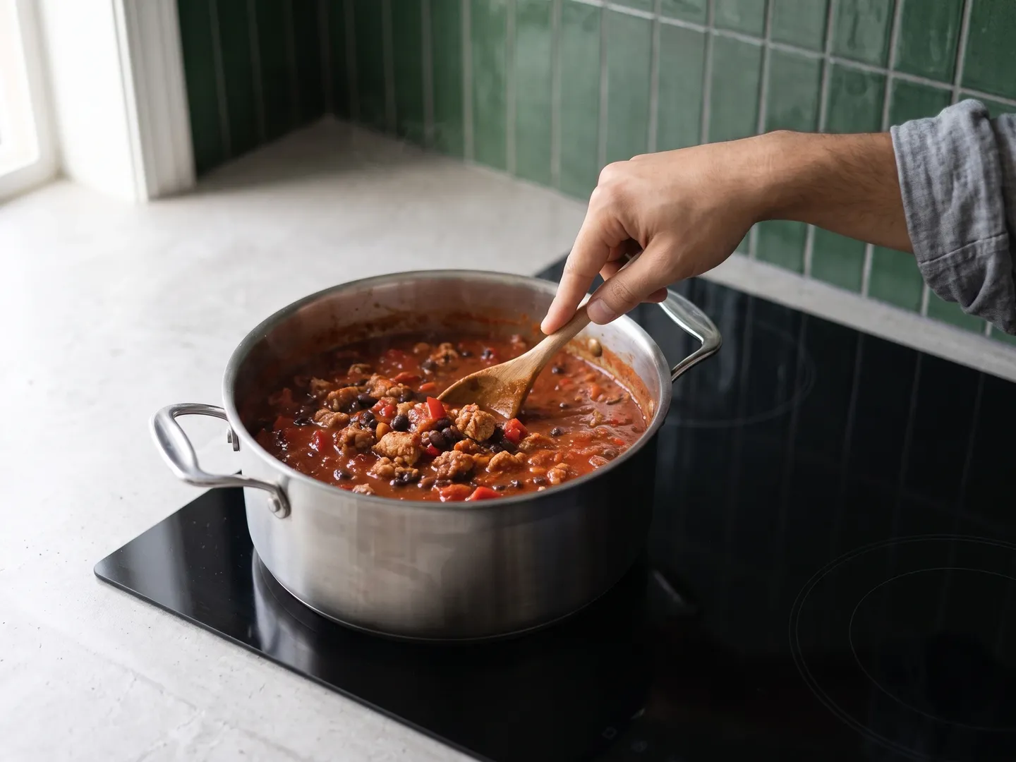 Simmering turkey chili in a pot