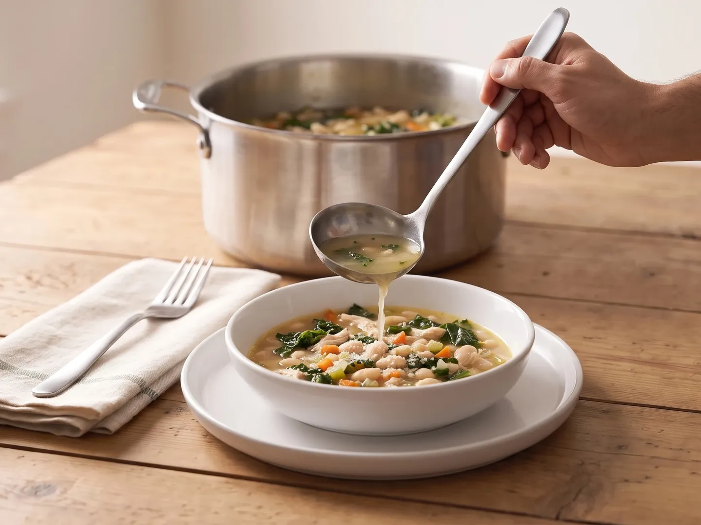Ladling white bean soup with chicken and kale into a bowl