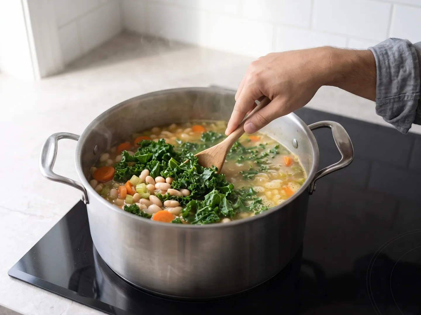 Stirring kale into white bean soup